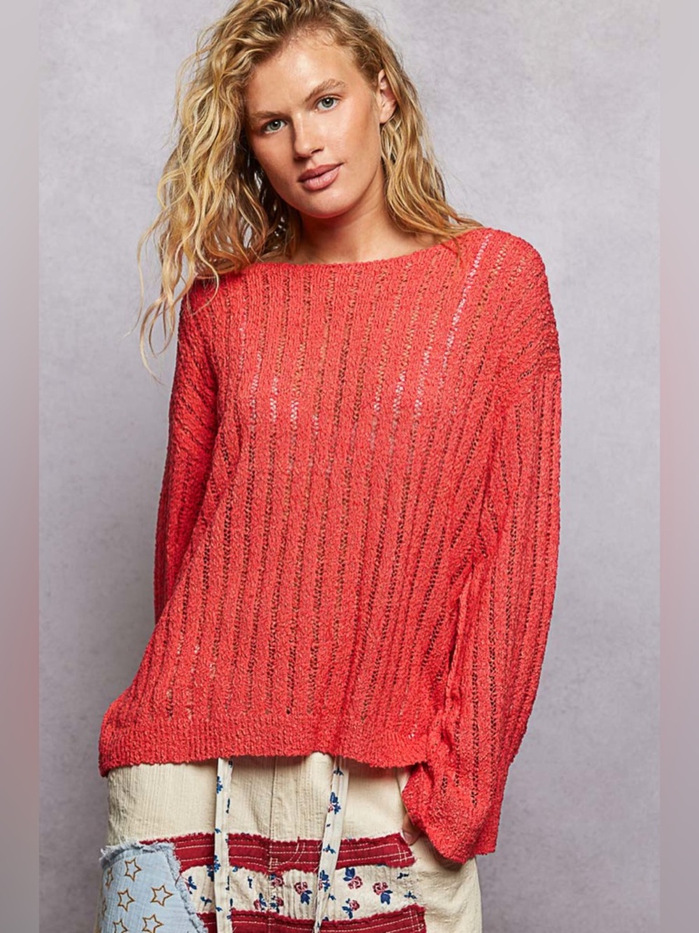 POL Round Neck Long Sleeve Open Weave Sweater